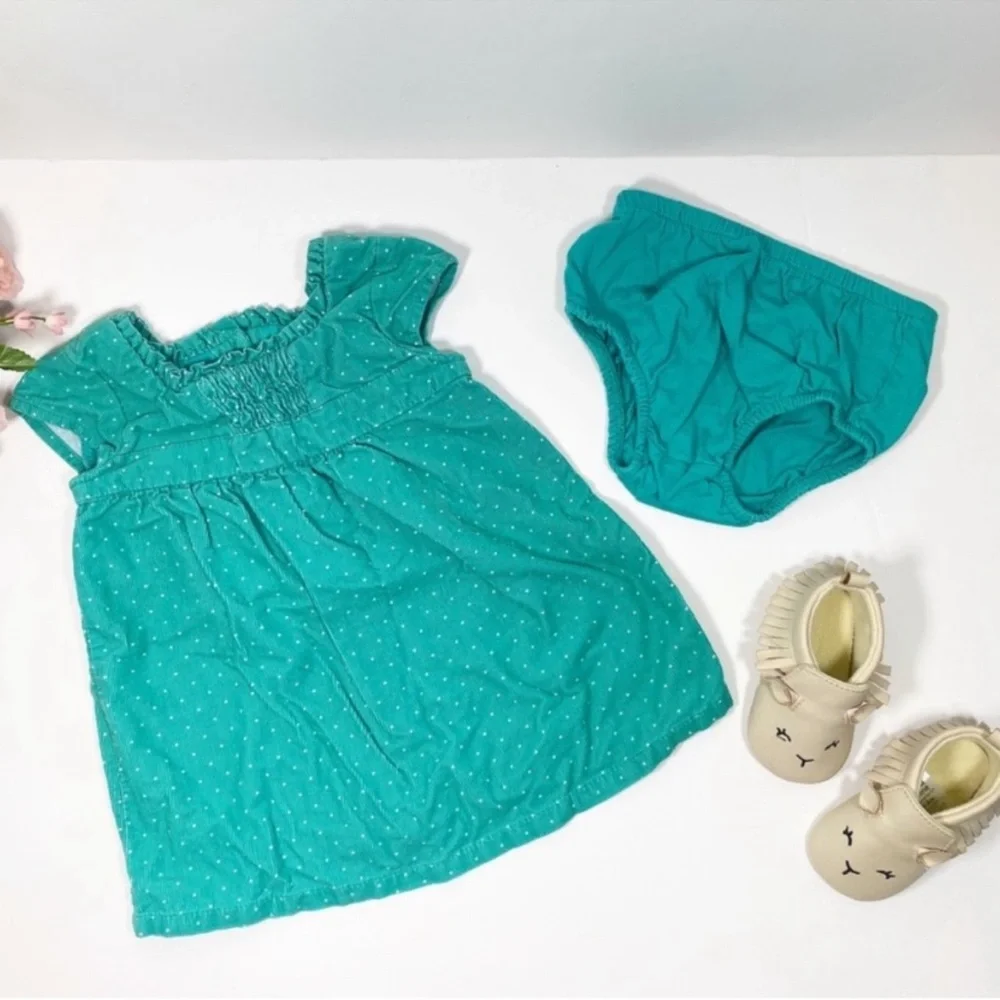 Cherokee Green Dots Print Corduroy Baby Girl Dress 2pcs Matching Set